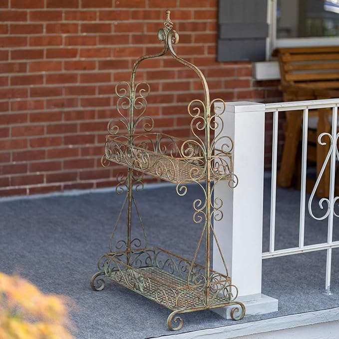 Zaer Ltd. Two Tier Rectangular Ornate Metal Plant Stand (Frosted Green)