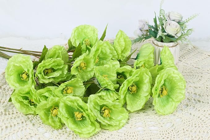 Poppies Flowers Artificial Silk Flowers 32in 6PCS Artificial Poppies Green Flowers for Wedding Home Party Table Centerpiece Arrangement Decoration (Green)