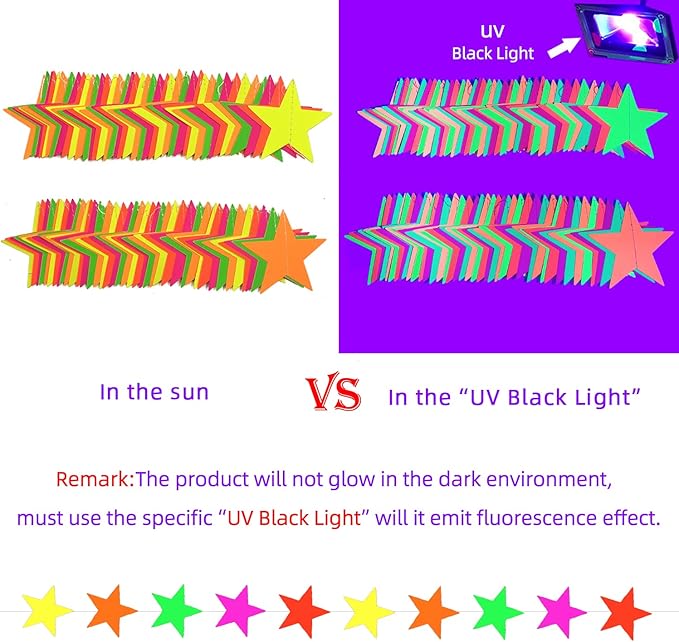 110feet UV Star Paper Neon Garland Streamers Black Light Decorations for Dark Glow Party UV Reactive Party Favors Glow in The Dark Supplies Wedding Birthday Banners