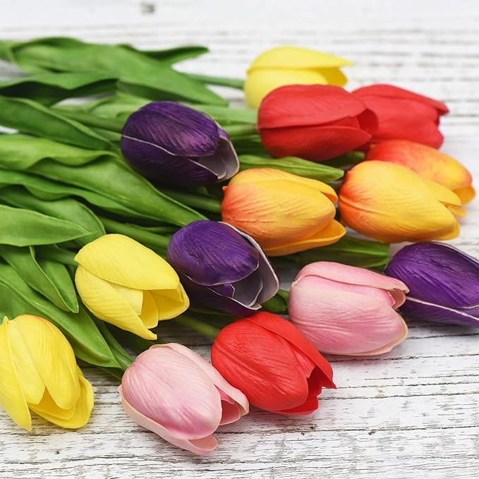 FiveSeasonStuff Real Touch Tulips Artificial Flowers – 15 Stems Faux Tulip Bouquet in Gift Box for Wedding, Home Decor, Party, Floral Arrangements (Rainbow Colors)