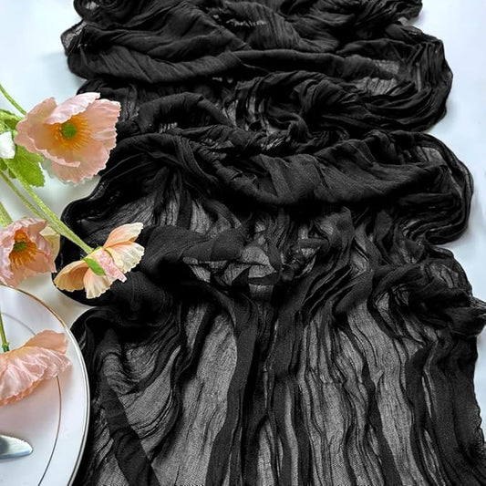 Booque Valley Black Table Runner 3 Pack Cheesecloth 10ft Super Soft Boho Wrinkled Gauze Sheer Cloth for Baby Shower Baptism Birthday Party Wedding Centerpiece Table Halloween Decoration, 35x120 Inch
