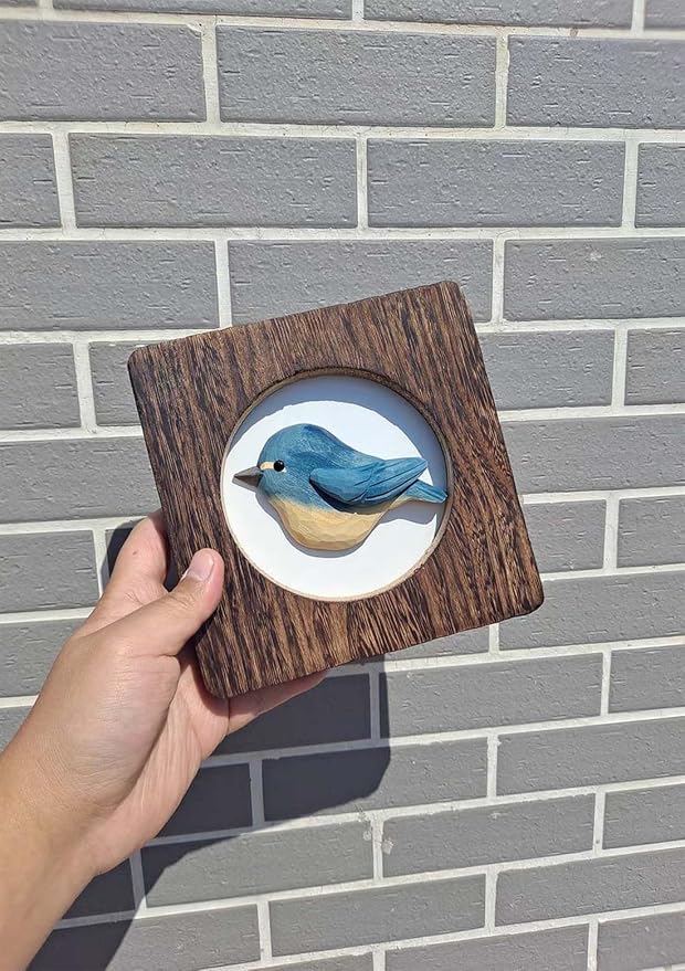 Wood Bird Sculpture with Frame, Cute Hand Carved Bird Wall Art Bird Wall Decor Wooden Wall Decor Desk Table Ornament Office Home Décor Bird Gift (Blue)