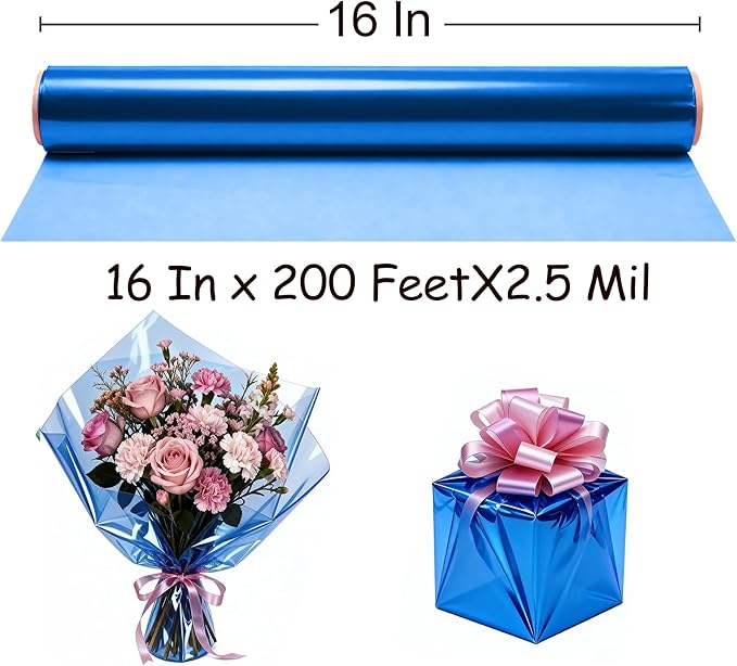200 ft Blue Cellophane Wrap Roll (16 In x 200 Feet) - 2.5 Mil Thick for Gift Baskets, Bouquets, Party Decorations