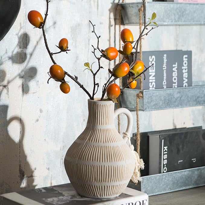 Rustic Ceramic Vase for Home Decor, Farmhouse Decorative Vases for Pampas Grass, Terracotta Vase with Tassel Design, Handle Flower Vase, Clay Vase for Living Room Decoration, 8 inch Tall