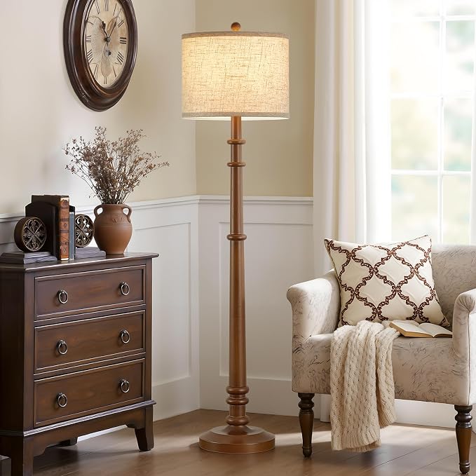 Floor Lamps for Living Room - 60" Wood Farmhouse Floor Lamp with Adjustable Color Temperatures - Vintage Standing Lamp Reading Light with Linen Shade Rustic Tall Lamp for Bedroom Office, Dining Room