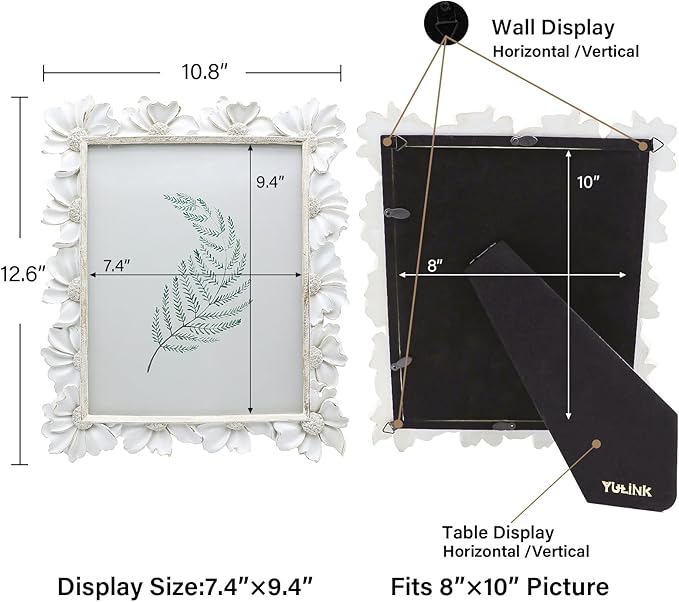 8x10 Vintage Picture Frame, Antique White Ornate Photo Frame, for Tabletop and Wall Display, Decorative Floral Design Retro Home Decor, Old Fashioned Photo Gallery Art