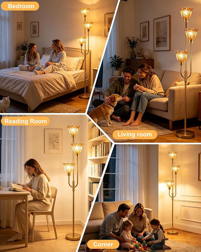Lightdot 3-Lights Glass Floor Lamp 66IN Modern Gold Dimmable Floor Lamps with 3000K Warm White Bulbs for Wedding Party Tall Standing Lamp with Amber Glass Shade for Living Room/Bedroom/Home Decor