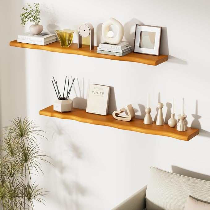 Solid Wood Live Edge Floating Shelves Set of 2 – 48" Rustic Wall Shelf with Hidden Bracket System, Wall Mounted Shelves for Bathroom, Kitchen, Living Room, Bedroom (Honey Walnut)