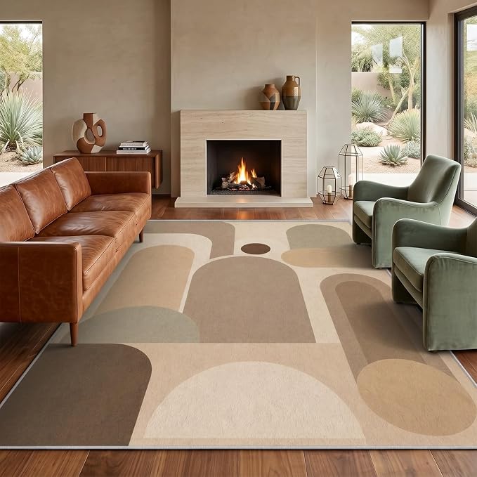 Neutral Geometric Area Rug 6x8, Mid Century Modern Abstract Rug, Soft Taupe Beige Color Block Washable Low Pile Non Slip Rug for Living Room Bedroom
