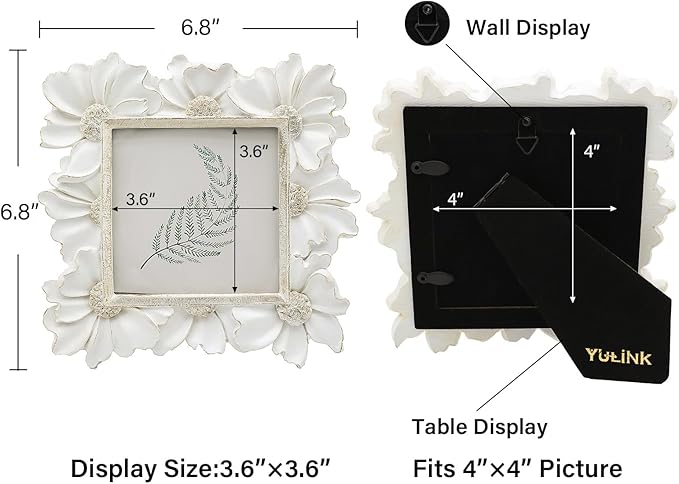 4x4 Small Vintage Picture Frame, Tiny Antique White Ornate Square Photo Frame, for Tabletop and Wall Display, Decorative Floral Design Retro Home Decor, Old Fashioned Photo Gallery Art