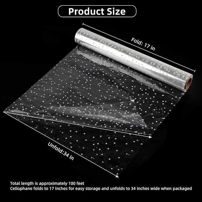 Motroce Clear Cellophane Wrap Roll, 100 Ft x 34 In White Dot Florist Paper Wrapper, Transparent 3Mil Thicker Cellophane Roll, Gift Baskets Wrap Cellophane Film for Gifts, Flowers, Christmas Wrapping