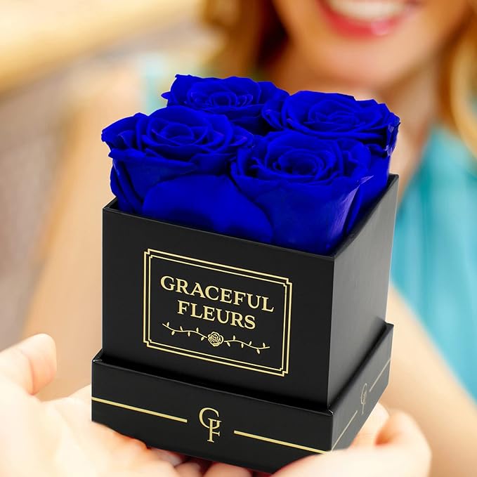 Graceful Fleurs | Real Long Lasting Roses for Years | Preserved Fresh Flowers for Delivery Birthday | Birthday Gifts for Women | Forever Roses in a Box (Blue, Black Box, 4 Roses)