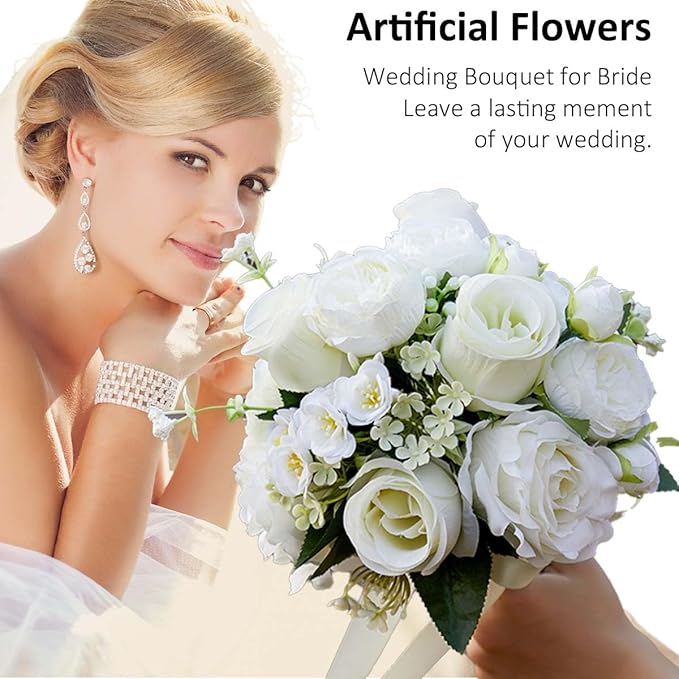 CYANLUX Wedding Bouquets for Bride Bridesmaid Bouquet Champagne White Artificial Roses Flowers for Wedding Valentine's Day Church Home Decoration… (White Rose)