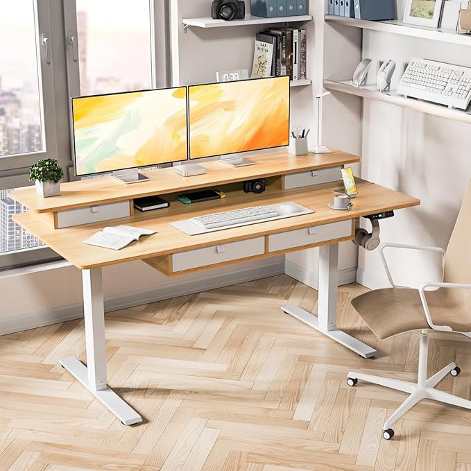 Kingant Standing Desk with Fast Charging USB Ports, 63" x 30" Height Adjustable Home Office & Gaming Desk, Sit Stand Desk with Built-in Storage Shelf, Hook & Ergonomic Design(Maple)