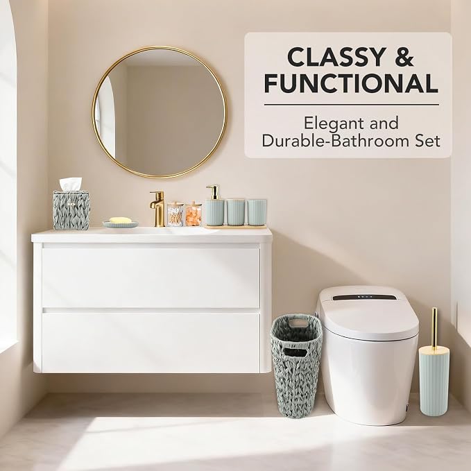 Bathroom Accessory Set, 10 Pieces Bath Set- Wicker Trash Can Tissue Box Soap Dish Toothbrush Holder Rinse Cup Lotion Bottle Toilet Brush Qtip Holder - Practical Bathroom Decor Sets (Sage Green)