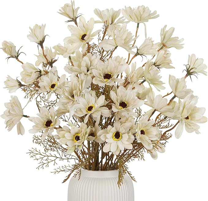 20" Artificial Daisy Bouquets for Fall Table Centerpiece, 3 Bunches Faux Chrysanthemum Flowers with Stems for Floral Arrangements, Autumn Home & Wedding Decor, Fake Wildflowers Mums in Cream White