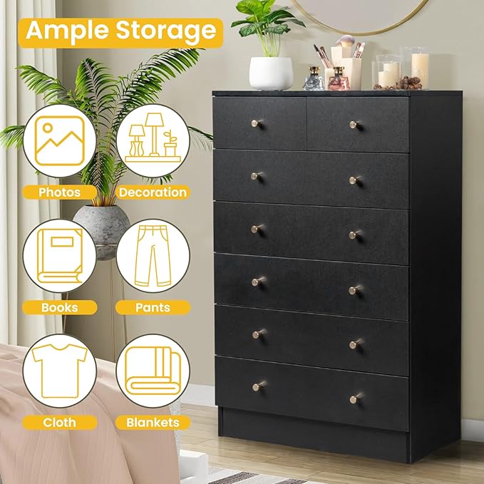Karl home Black 7 Drawer Dresser for Bedroom, Tall Dresser Chest of Drawers, Wood Bedroom Dressers Clothes Organizer, Anti-Tipping Device, Rose Gold Metal Handle, Living Room, Entryway, Office