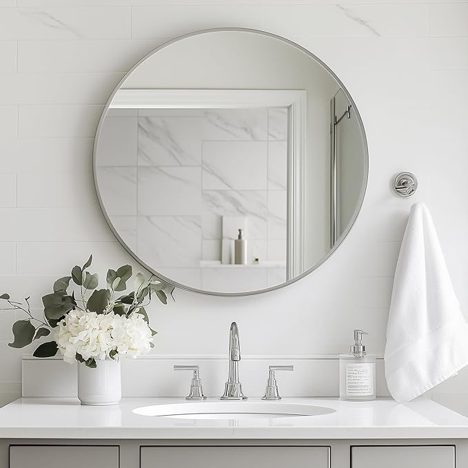 Oruii Silver Round Mirror, Round Mirror 24 inch Brushed Nickel, Circle Wall Mirrors Metal Frame, Silver Circular Mirrors for Bathroom, Wall, Living Room, Entryway, Hallway, Vanity, Rustic