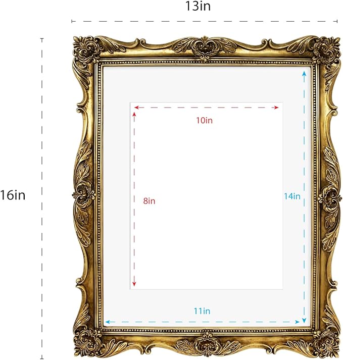 Laura Ashley 11x14 Gold Ornate Textured Hand-Crafted Resin Picture Frame, Wall Mount, Decorative Floral Design Home Décor, Photo Gallery, Art, More (Gold, 11x14 (Matted 8x10))