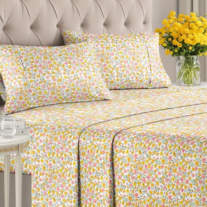 Floral Sheets - Watercolor Floral Bed Sheet Set - 1 Flat, 1 Fitted & 2 Pillowcases w/ Deep Pockets - Comfy, Wrinkle & Fade Free Boho Botanical Bedding - Soft, Breathable and Cooling - Full Size New