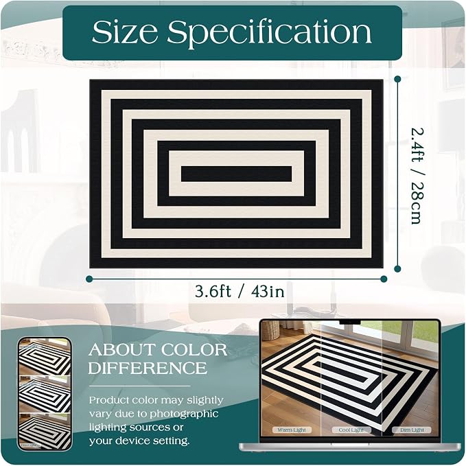 Modern Outdoor Rug - 28" x 43" Front Door Mat Indoor Outside Entrance Non-Slip Washable Outdoor Mat Black White Geometric Rug for Entryway Kitchen Bedroom Layered Doormat for Front Porch