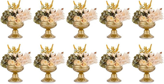 Metal Vases for Table Centerpieces, Hewory Gold Compote Pedestal Vase Floral Container Bulk, Brass Mini Footed Bowl Flower Holders Center Pieces for Wedding Birthday Party Anniversary (10pcs, 6.5in)