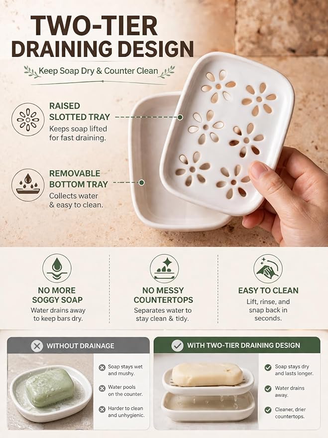 Miamolo Soap Dish for Shower with Drainage, Double Layer Bar Soap Holder, Ceramic Soap Saver Sponge Holder for Bathroom, Tub and Kitchen Sink, Slotted Draining Soap Dishes Extend Soap Life, Beige
