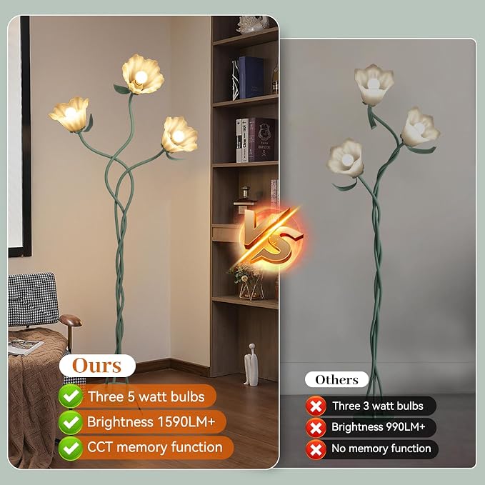 Elaruslux Vintage 3 Heads Flower Floor Lamp with Adjustable Gooseneck Corner Standing Tall Floor Lamp 3 Color Modes for Living Room Bedroom Reading Decoration Vine Floral Lamp with Lily of The Valley