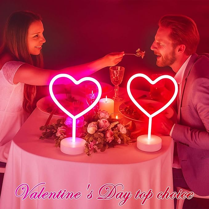 BHCLIGHT 1PK Pink & 1PK Red Heart Neon Sign, Valentines Day LED Neon Light Battery Operated or USB Powered Valentines Heart Lights, Table Lamp for Galentines Day Decorations, Gifts for Women, Lover.