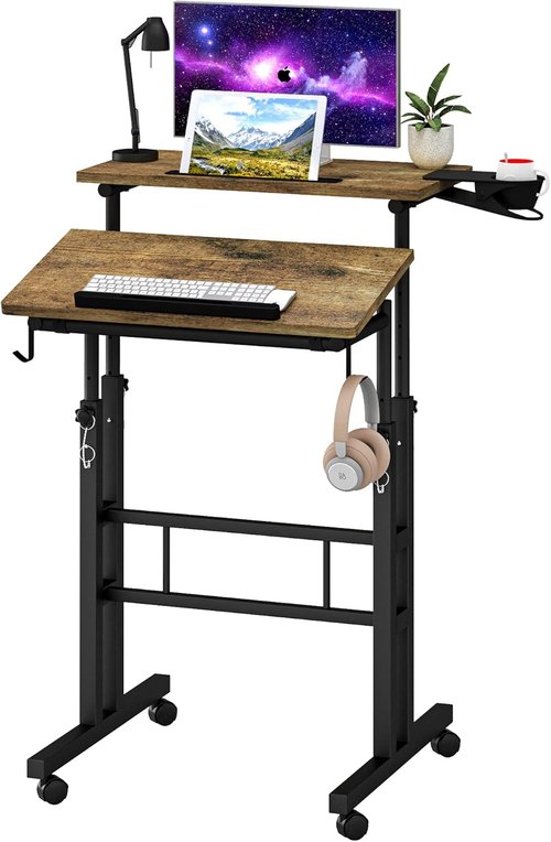 Klvied Rolling Mobile Desk - Portable Adjustable Height Stand-Up Desk on Wheels for Home Office | Oak Finish