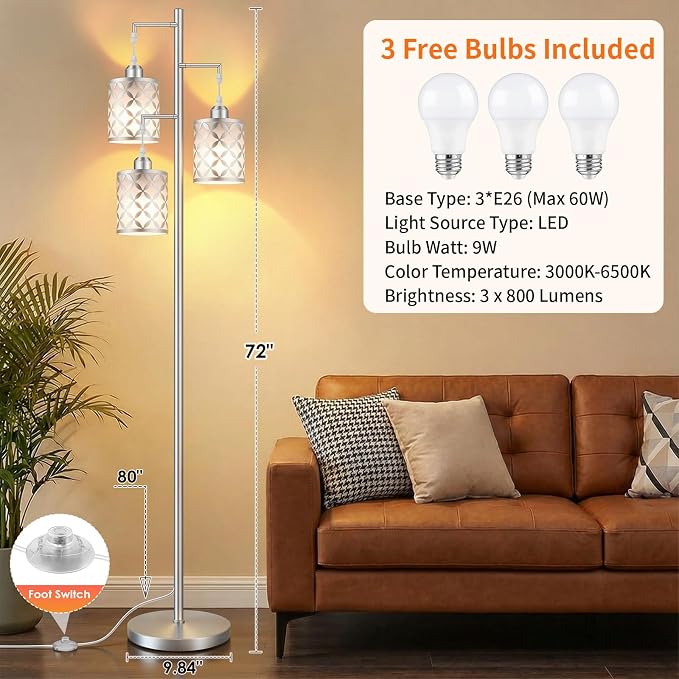 Dimmable Floor Lamp, Farmhouse Standing Lamp with Elegant Metal Cage, Industrial Tall Tree Floor Lamps for Living Room, Bedroom, Study Room, Office, 3 x 1100LM LED Bulbs Included,72",Silver