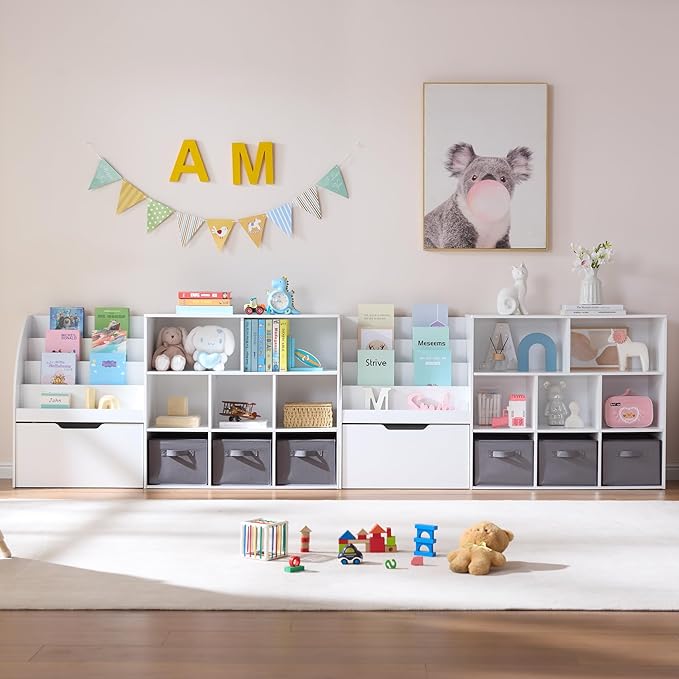 Kids Bookshelf and Toy Storage, 2 Pack 58.5’’ Toy Organizer with Movable Chests & 3 Storage Bins, Large Kids Reading Nook with 5 Cubbies for Playroom, Bedroom, Nursery, White