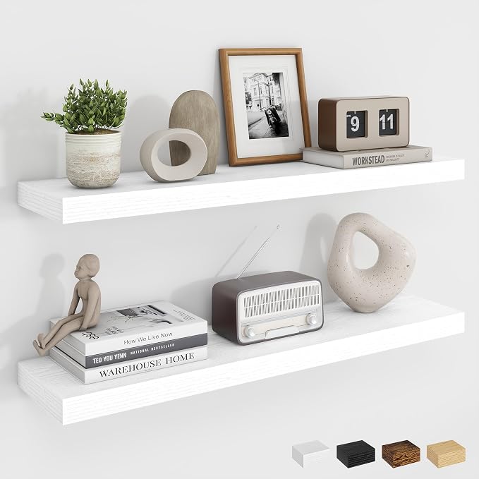 Dreamland 30Inch Floating Shelves for Wall, Rustic Wooden White Floating Shelves for Bathroom|Bedroom|Kitchen, Deep Wall Mounted Book Shelf, Wood Storage Display Shelf for Home Decor, Set of 2