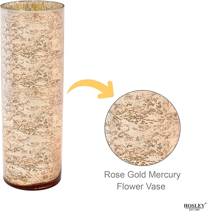 Hosley Mercury Rose Gold Glass Vase Decorative Glass Hurricane Vase 4" Dia X 12" H. Ideal for Floral Arrangements Cut Flowers Weddings Aromatherapy DIY Craft Projects Led Lantern Votive Garden Spa