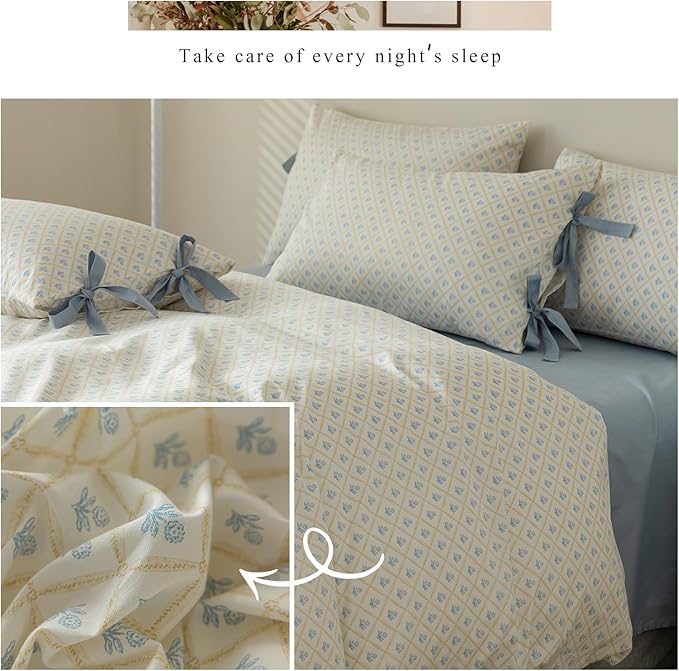 Blue Floral Duvet Cover King Soft Cotton Garden Style Floral Bedding Comforter Cover Plaid Grid Design Vintage Blue Flower Duvet Cover with 2 Bowknot Pillowcases Botanical Cottagecore Bedding Set