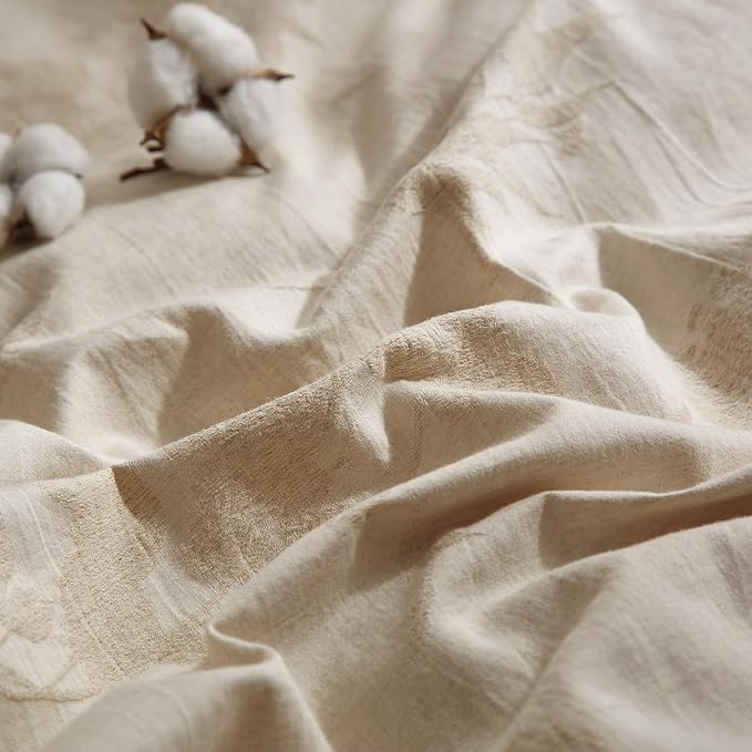mixinni Queen Duvet Cover Set - 70% Cotton 30% Linen Blend, Bohemian Floral Jacquard 3-Piece Comforter Cover with 2 Pillowcases, Soft Breathable Lightweight Bedding Set (90"x90"), Almond Milk Grey