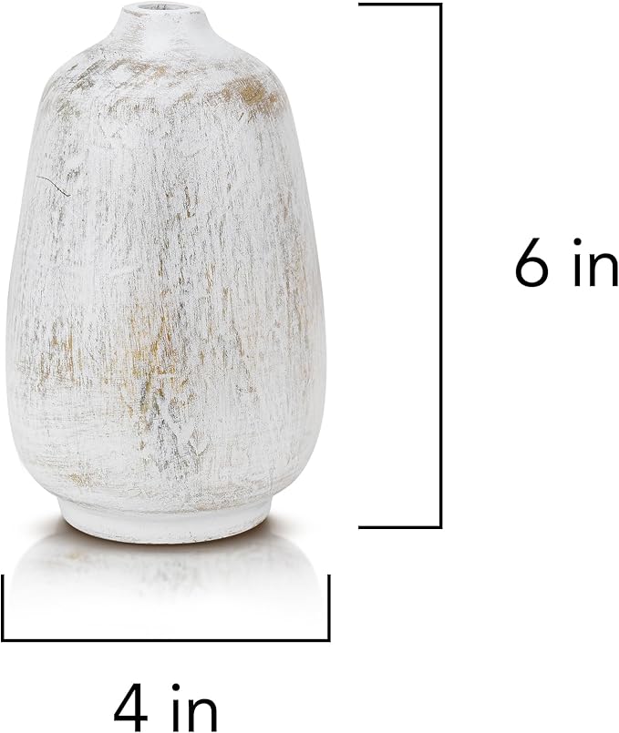 AeraVida Rustic Oval White Mango Wood Flower 6" Vase | Handmade Minimalist Table Decor | Natural Wooden Bottle Vase for Dried & Artificial Flowers | Boho Chic Home Office Kitchen Wedding Decoration
