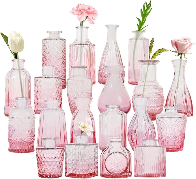 Pink Glass Bud Vases Set of 20, Small Flower Vases for Wedding Centerpieces,Pink Bud Vases in Bulk Glass Vase for Table Decoration,Home Decor (Pink-20pcs)