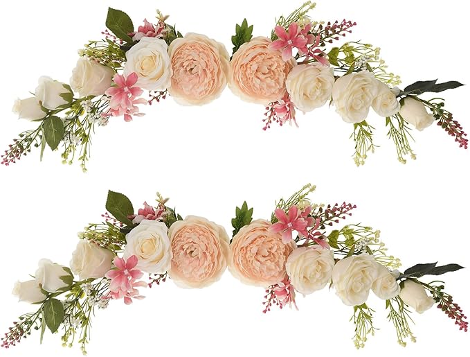 Lvydec 2 Pack Artificial Peony Flower Swag, 25 Inch Decorative Swag with Champagne Peony White Rose and Green Leaves for Wedding Arch Front Door Wall Decor