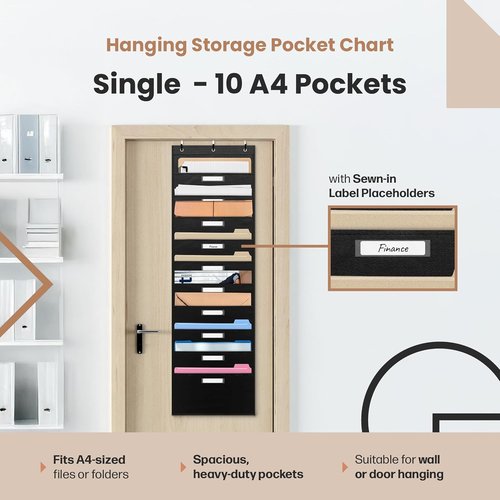Black Pocket Chart for Classroom | 10 Pocket Storage Organizer with 3 Over Door Hangers