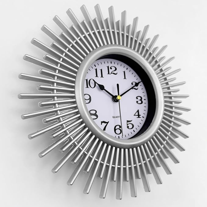 Sunburst 10 Inch Small Wall Clock, Silver Round Analog Clock Battery Operated, Modern Decorative Wall Clock for Living Room, Kitchen, Office, Bathroom