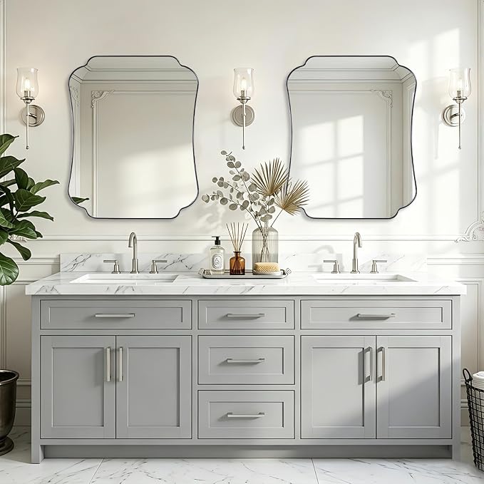 ANDY STAR Chrome Bathroom Mirror 24x30 Inches, Modern Scalloped Wall Mirror with Distinctive Notched Edge Stainless Steel Frame for Hallway, Lounge and Vanity Area