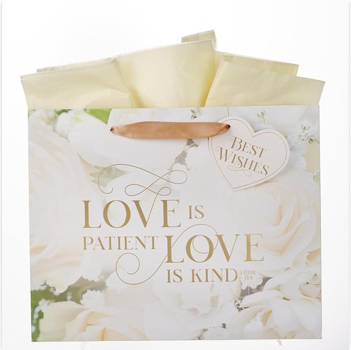 Christian Art Gifts Large Landscape Gift Bag Set - Inspirational Scripture & Floral Design, Love Is Kind Verse, Satin Ribbon Handles