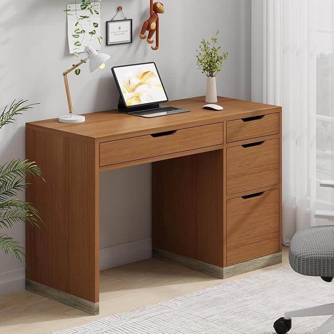 48 Inch Small Office Desk with 4 Drawers for Bedroom, Computer Desk with Storage, Study Desk with Filing Cabinet for Kids, Brown