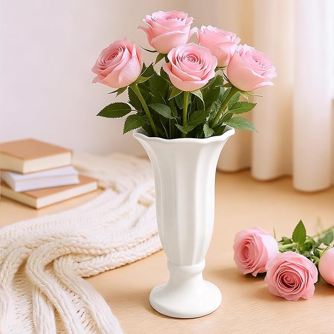 Modern Fluted Ceramic Vase, 10 Inch White Flower Vase with Pedestal Base, Decorative Table Top Vases for Centerpieces, Home Decor, Living Room, Bedroom, Wedding and Events, Housewarming Gift