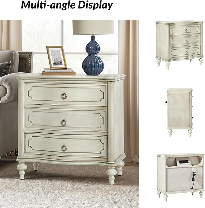 HULALA HOME Traditional Side Tables with 3 Drawers, Tall Side Table with Curved Front Profle Desgin, Charging Station, Solid Wood Legs, Set of 2, White