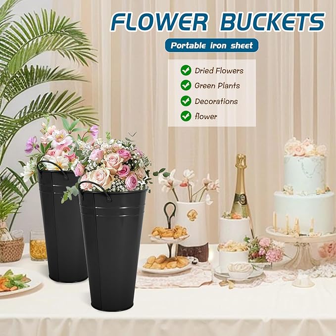 Flower Bucket for Flower Bar, 6 Pcs 10.2 Inch Metal Vases with Handles, Leak-Proof Black French Buckets for Wedding Centerpieces, Farmhouse Party & Rustic Home Decor