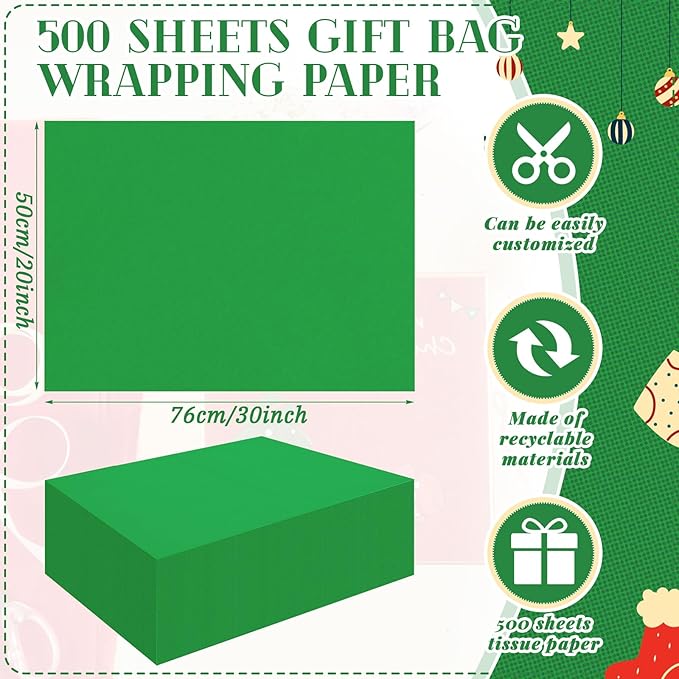 Qilery 500 Sheets Christmas Dark Green Tissue Paper Bulk for Gift Bags 20 x 30 Inch Acid Free Decoupage Packaging Wrapping Paper Sheets for Christmas Decoration DIY Crafts, Packing Supplies for Moving