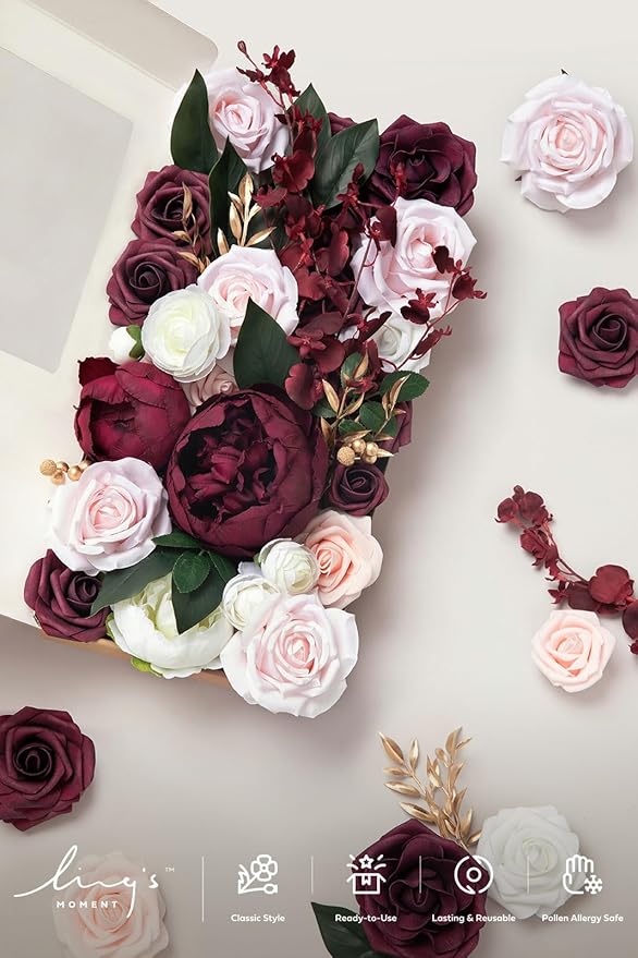 Ling's moment Fake Flowers Box, Faux Artificial Greenery Stems Foam Roses Silk Peonies Ranunculus Fabic Flower for Centerpieces Bouquet Wedding Vase Decorations, Berry Pink & Blush, Deluxe Combo