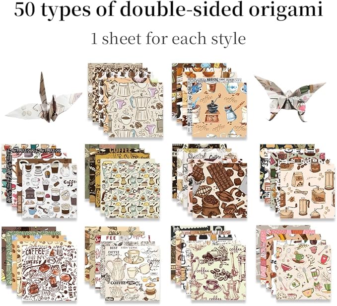 Square Origami Paper 6x6 Double Sided 50 Sheets 50 Colors 70GSM Origami Kit Japanese Chiyo Easy Fold Arts Crafts DIY Handwork Coffee